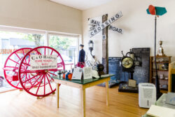 Railway artifacts and window display in the Hinton Railroad Museum.