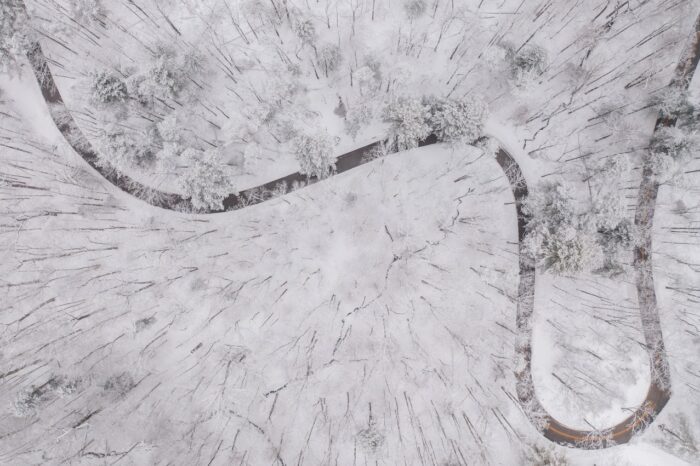 Snowy aerial image of North Bend State Park in the winter. 