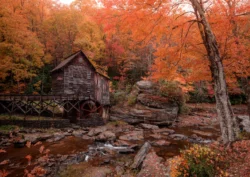 Wide shot of Babcock State Park's Glade Creek Grist Mill during the fall.