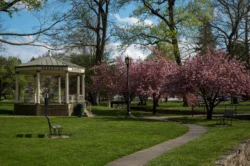Sidewalk view of Berkeley Springs Gazebo during the spring.