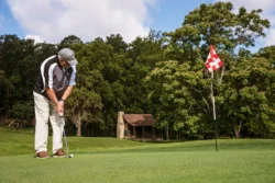 Medium shot of a golfer putting a ball.