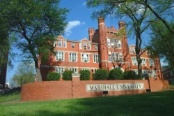 Ground-level exterior shot of Marshall University.