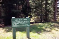 Sign marking the site of "Camp Bowers", where men of the Civilian Conservation Corps were stationed during the development of Kumbrabow State Forest.