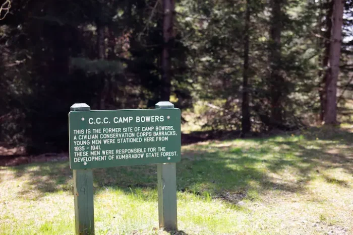 Sign marking the site of "Camp Bowers", where men of the Civilian Conservation Corps were stationed during the development of Kumbrabow State Forest.