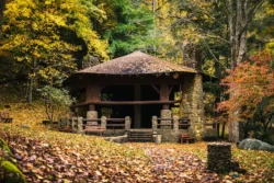 Wide shot of gazebo during the fall in Holly River State Park.