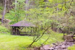 Angled view of an area in Lee Sulphur Springs with a gazebo captured in the summertime.