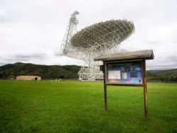 Upward view of the Robert C. Byrd Greenbank Telescope during the summer.