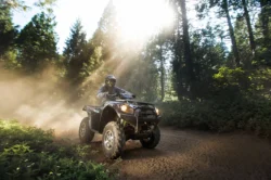 Medium shot of an ATV rider on a quad blazing through a trail near Logan during the summer.