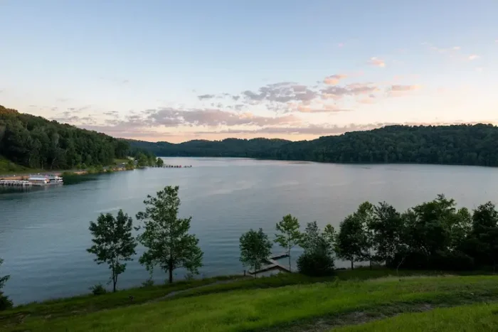 Uphill overlook of Tygart Lake on a summer evening.