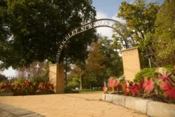 Angled view of arch entrance at Berkeley Springs during the spring or summer.