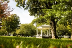 Long shot of Berkeley Springs gazebo during the spring or summer.