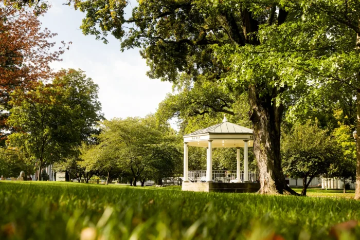 Long shot of Berkeley Springs gazebo during the spring or summer.