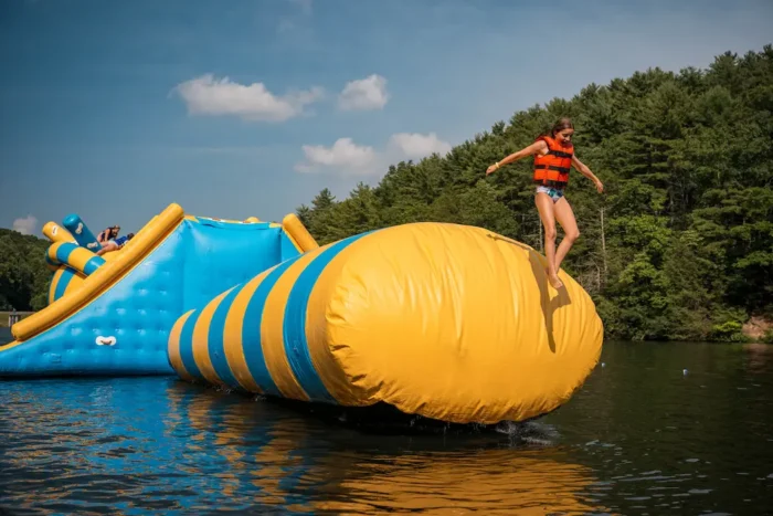 Girl jumping into the water from an inflatable in the Adventure Lake