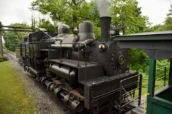 The locomotive of Cass traveling across the railroad during the summer in June with a train driver waving by.