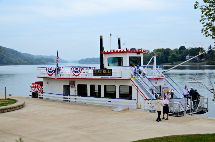 People boarding a sternwheel boat to go to Blennerhassett Island Historical State Park.