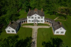 Aerial shot of the mansion at Blennerhassett Island Historical State Park during the summer.