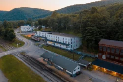 Aerial view of Cass Scenic Railroad during the spring or summer.
