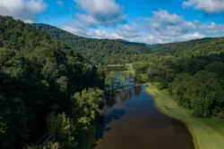Aerial view of lake at Cedar Creek State Park during the summer.