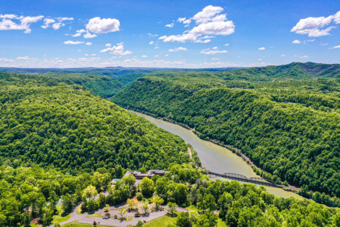 Aerial view of Hawks Nest State Park during the summer.