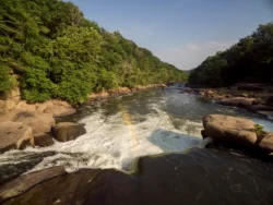 The front of Valley Falls flowing during the summer.