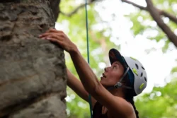 Close up of rock climber at Coopers Rock State Forest