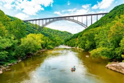 A low view of the New River Gorge Bridge from the New River during the summer.
