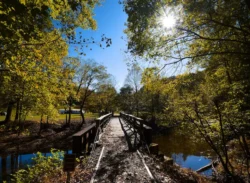 Bridge crossing with a sunny overhead along the Greenbrier River Trail during the fall.