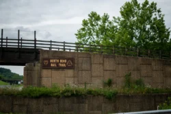 Walker's point-of-view when approaching an access sign to the North Bend Rail Trail during the summer.