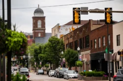 Up-close shot of Downtown Parkersburg on brisk spring day.