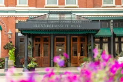 Exterior view of the Blennerhassett Hotel entrance.