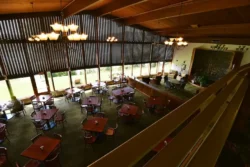 Balcony overlook of the lodge dining hall in Tygart Lake State Park.