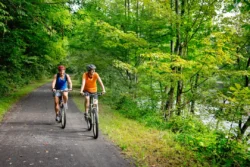 Two people biking along the Greenbrier River Trail in the summertime.