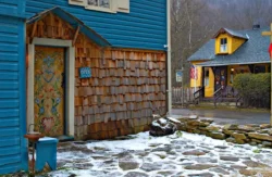 Side view of colorful building during the winter in Helvetia Swiss Village.