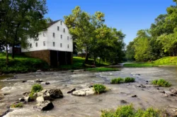 Wide angle shot of Jackson's Mill during the summer with the West Fork River down below.