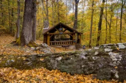 One of nine picnic shelters in Kanawha State Forest with a grill and tables during the fall.