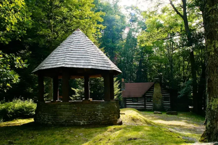 A gazebo near one of Kumbrabow State Forest's Pioneer cabins during the summer.