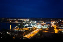 High overlook view of nightlife in downtown Parkersburg.