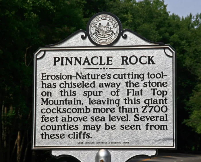 West Virginia Highway Historical Marker with a brief overview of Pinnacle Rock.