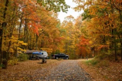 Campsite set-up during the fall amid Pipestem Resort State Park.