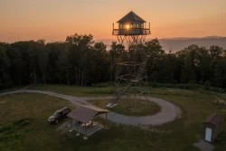 The Thorny Mountain Fire Tower at sunset in Seneca State Forest.