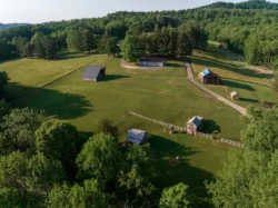 Aerial view of memorializing buildings in Watters Smith Memorial State Park.