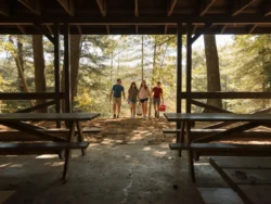 A family heading to a picnic shelter to eat and enjoy a beautiful day at a WV State Park