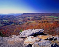A scenic view of fall foliage at Cacapon Resort State Park