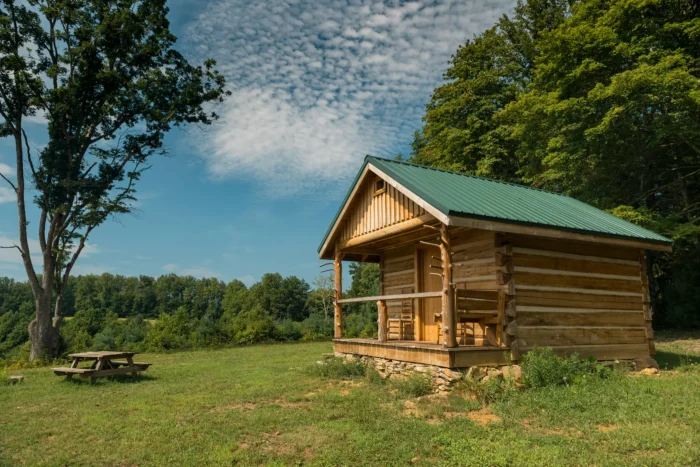 A wooden cabin with a green metal roof stands on a grassy field under a sky with scattered clouds. A picnic table rests to the left, dense trees form the backdrop, and the scene exudes calmness. This picturesque setting is reminiscent of the serene cabins found in Camp Creek State Park.