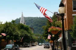 Downtown Hinton with an American flag on display
