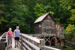 A man and woman walk hand in hand across a wooden bridge near the historic mill with a waterwheel at Babcock State Park, West Virginia. Surrounded by lush green trees, they are dressed in casual, sporty clothing, enjoying the scenic outdoor activities.