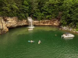 Aerial shot of kayakers and boaters on Summersville Lake