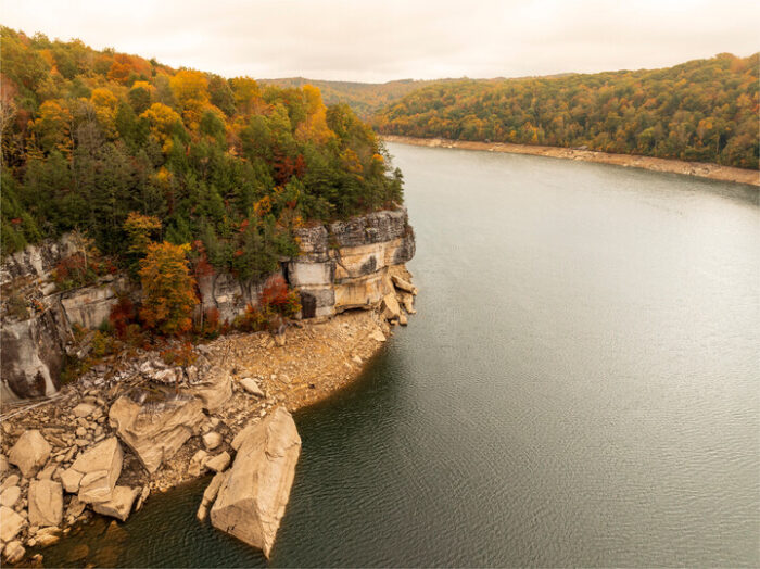 An aerial shot of Summersville Lake in autumn