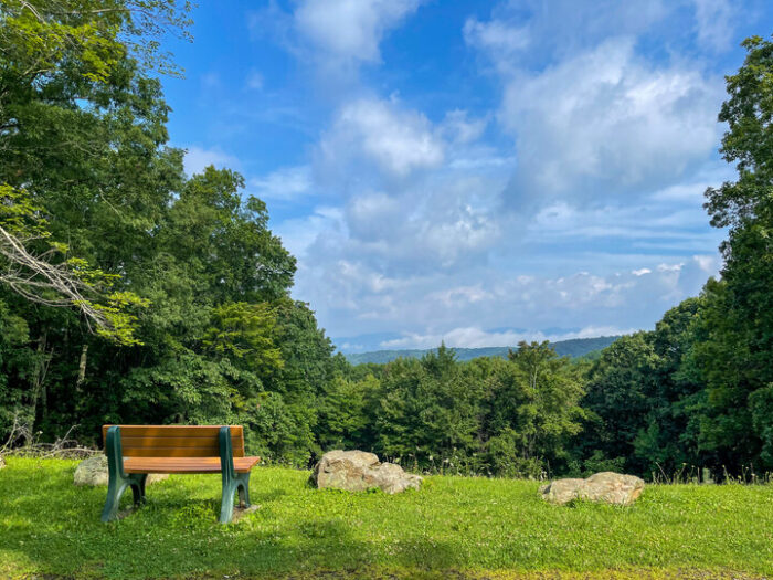 A wooden bench offers a place to sit and enjoy the beautiful day at Watoga State Park