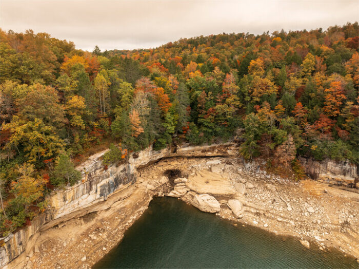 Aerial shot of Pirate's Cove at Summersville Lake State Park in the fall